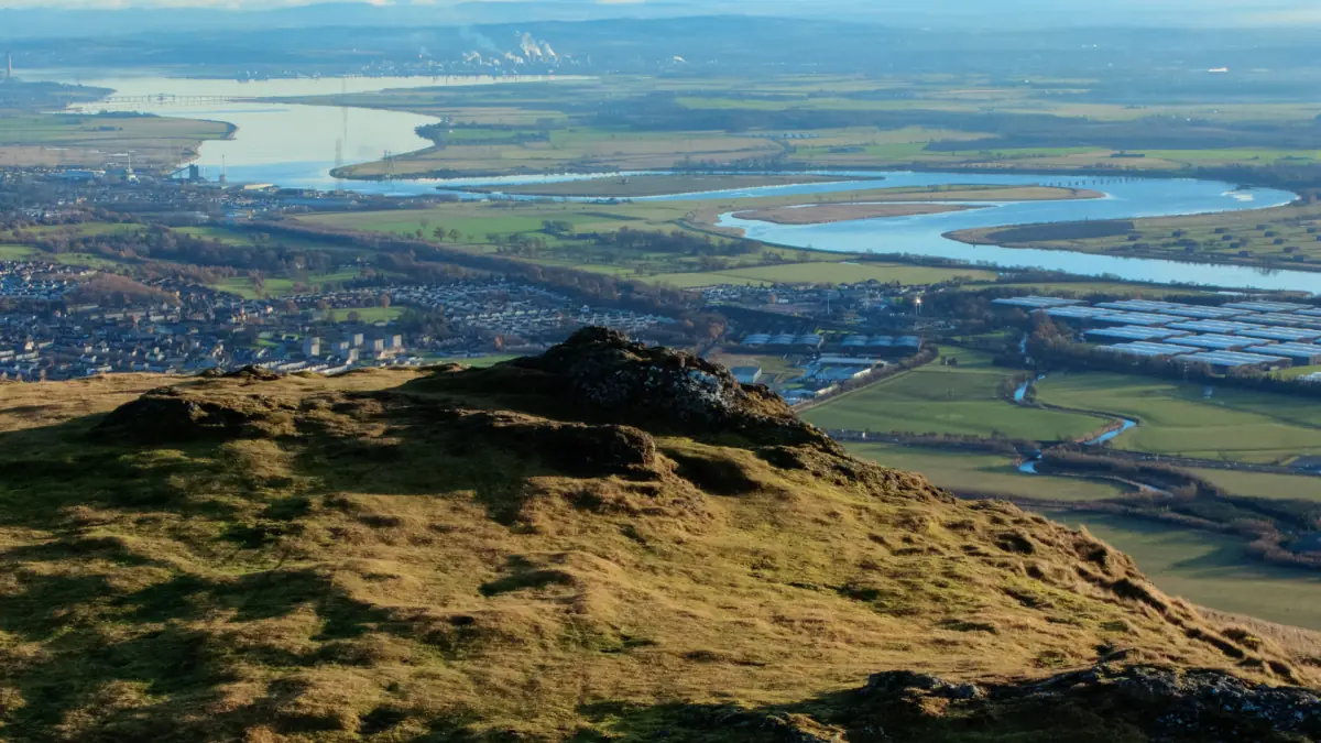 View from Dumyat across the Forth valley with the river winding below
