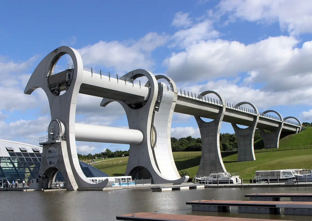 The Falkirk Wheel boat lift with its white arms against blue sky