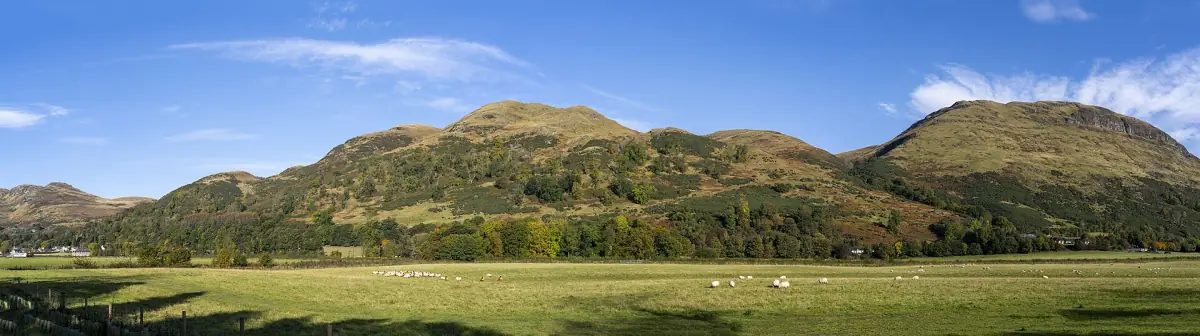 Autumn panorama of the Ochil Hills with rounded hilltops under a blue sky