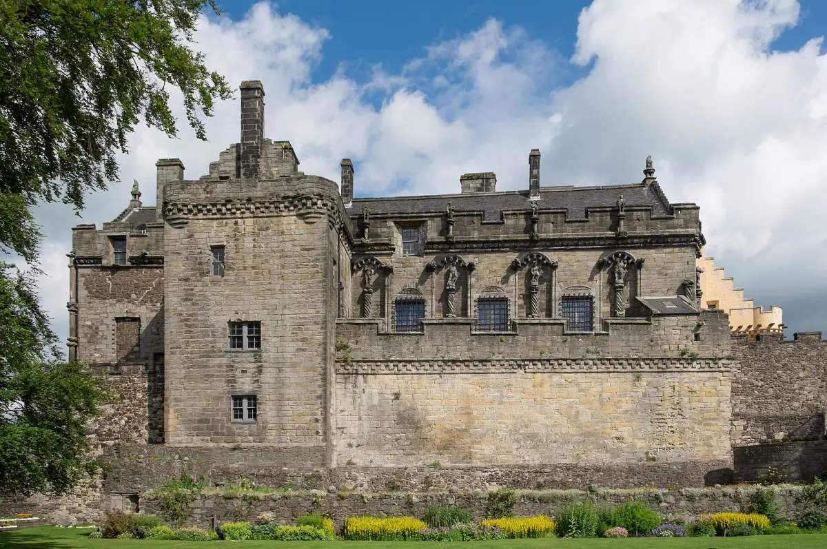 Renaissance royal palace facade at Stirling Castle with a flower border