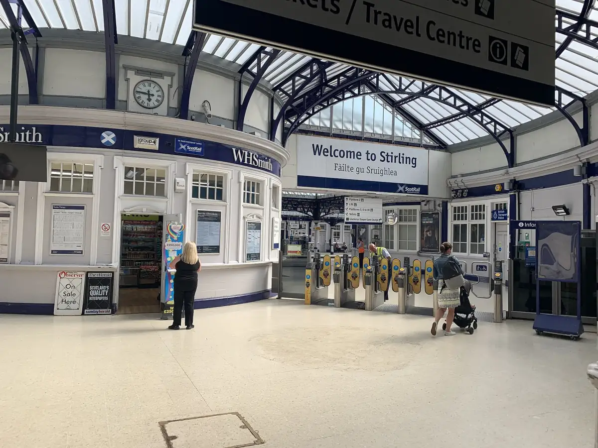 Ticket hall and concourse of Stirling railway station with glass roof